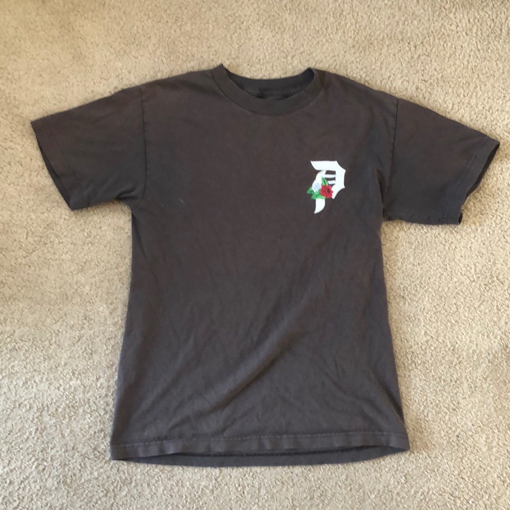 Dark grey/brown primitive floral shirt.